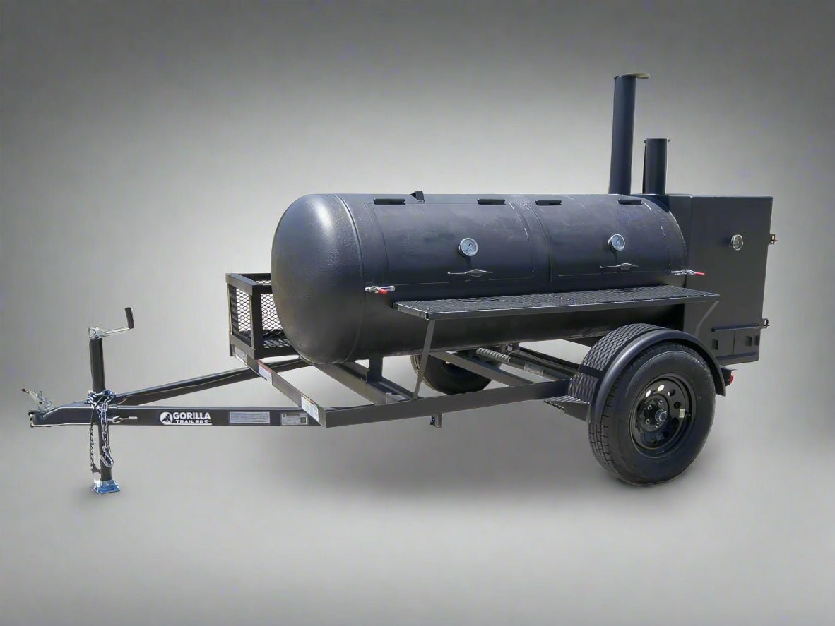 Pull Behind BBQ Smoker Premium 250 Gallon Reverse Flow with 3500lb Axle.