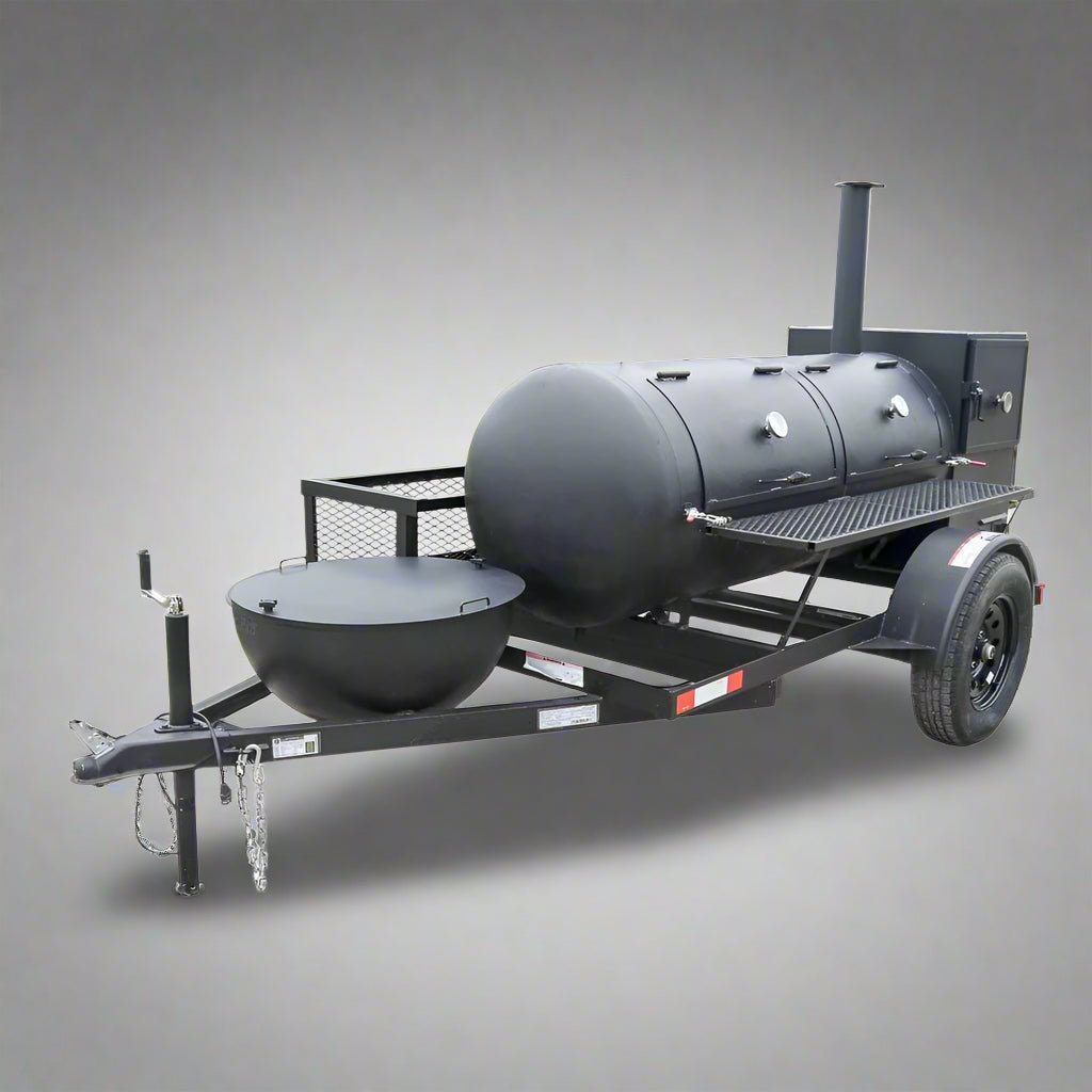 Pull Behind BBQ Smoker 250 Gallon with Round Charcoal Grill 3500lb Axle