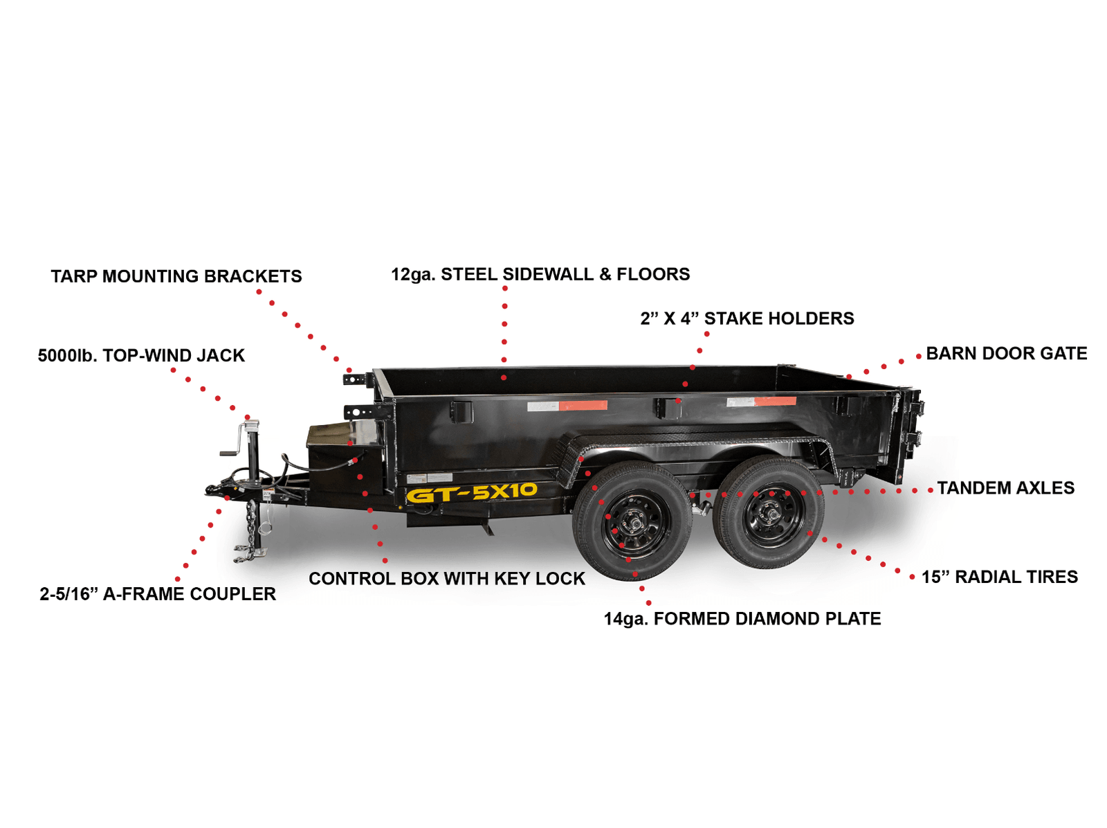 5x10 Hydraulic Dump Trailer Powder Coated with 16" Sides 7K GVWR - Image 3